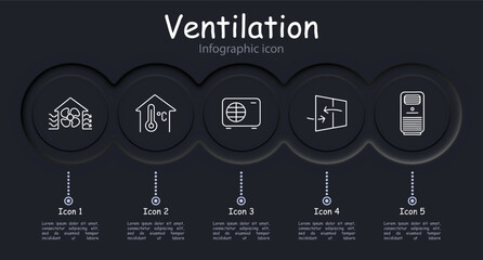 Ventilation set icon. Blades, circulation, air, dust, air conditioner, protective layers against dust, filtration, infographic, neomorphism, temperature control, fan. Aeration concept.