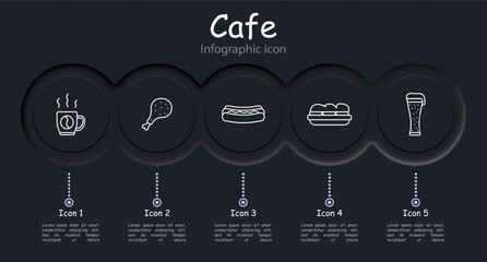 Cafe set icon. Disposable cup for coffee, ramen, instant noodles, shake, bubble tea, ice cream, bread, infographic, neomorphism, sandwich, sandwich, chicken leg, cafeteria. Street food concept.
