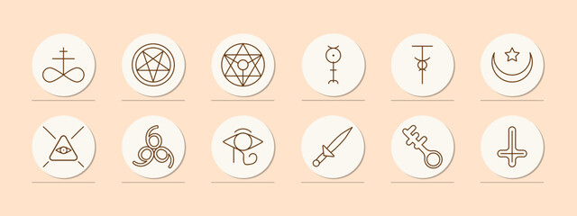 Sect set icon. Pentagram, Sigil of Baphomet, ritual dagger, sacrifices, inverted cross, Satan, 666, eye, key, crescent with star, infinity sign, worship, belief, faith, persuasion. Cult concept.