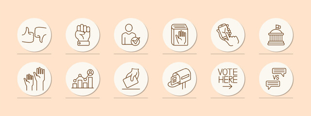 Elections set icon. Fist, candidate, voter, Bible, people rights, telephone, government building, rating, statistics, ballot, thumbs, constitution, electronic voting, opinions battle. Voting concept.