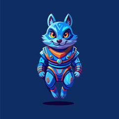 Astronaut wolf wearing space suit. Adorable wolf in Retrofuturism style. A futuristic Blue and orange colors. Cartoon in space. Character has Kind Smile. Childish illustration. Weightlessness in space