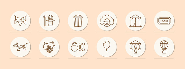 Circus set icon. Magic wand, top hat, bunny ears, popcorn, clown, makeup, wig, red nose, tent, ticket, cannon, weight, dumbbell, ball, amusement ride, balloon. Presentation concept.
