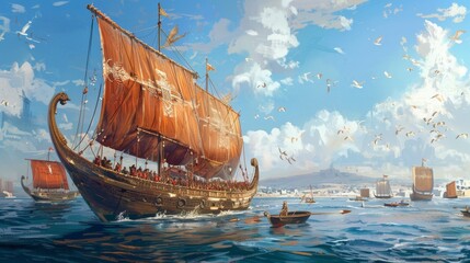 Illustrations of ancient greek and roman ships. exploring themes of exploration, trade, and conquest