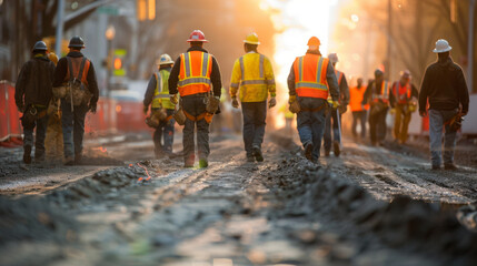 A group of construction workers walking on a muddy urban road at sunset, symbolizing development and labor.