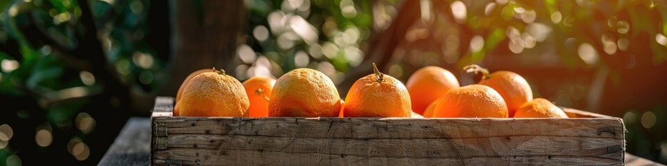 Wooden boxes filled with oranges or tangerines on the background of an orchard.