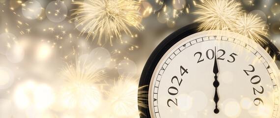 New Year's Eve 2025 concept with clock on gold sparkling background with fireworks and blurred lights. 
