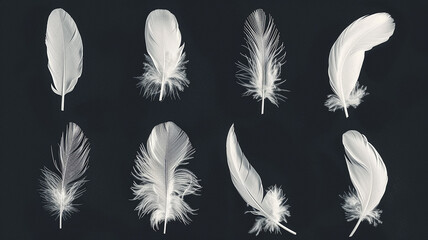 Obraz premium A set of different white fluffy bird feathers on a black background