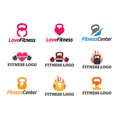 Set of Fitness club logo with kettlebell on white background, vector illustration template.