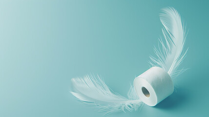A white fluffy bird feather and a roll of toilet paper on a delicate blue background, an advertising symbol of purity and softness