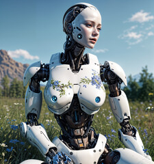 robot woman sits in a field of flowers and grass.