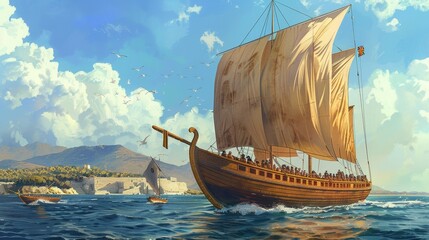 Illustrations of ancient greek and roman naval vessels. exploration, trade, conquest themes
