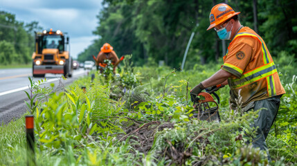 Two road maintenance workers in safety vests operating weed cutters beside a busy highway.