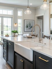 Kitchen home interior with modern and stylish island sink