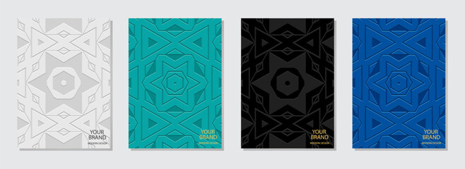 Set of covers, vertical templates. A collection of relief, geometric backgrounds with ethnic minimalist 3D patterns, with handmade ornaments. Cultural boho motifs of the East, Asia, India, Mexico
