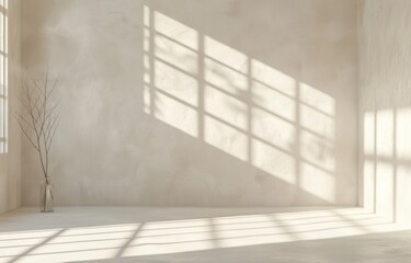 Fototapeta premium Light smooth beige background with soft shadows and sunlight, minimalist style studio room background, soft shadow from the window on the wall, abstract shadow effect in window style