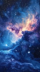 a stunning watercolor painting of space, featuring stars and the Virgo constellation. Emphasize the beauty of watercolor with textured paper