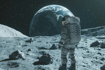 A man in a spacesuit stands on a rocky surface, looking up at a large planet