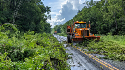 Fototapeta premium A large orange truck clearing fallen trees and debris from a forested rural road after a storm.