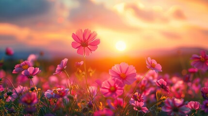 Fototapeta premium Golden sunset over a field of vibrant pink blossoms under a sky with fluffy clouds