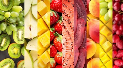 Colorful fresh fruits collage on vibrant background
