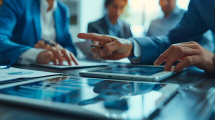 A professional business team engaged in a discussion over charts and data on a digital tablet during a meeting.