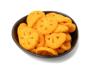 Corn puff snack isolated, crunchy cereal nosh, crispy yellow rice breakfast with paprika