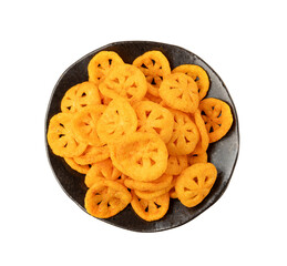 Corn puff snack isolated, crunchy cereal nosh, crispy yellow rice breakfast with paprika