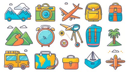 Set of colorful summer travel icons. plane, car, train, bag, backpack, camera, map