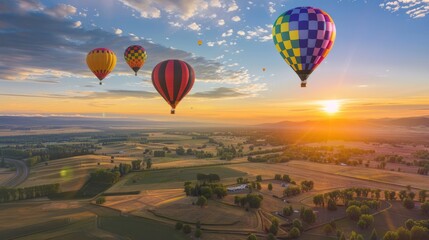 A convoy of colorful hot air balloons floating peacefully above a patchwork of rolling hills and green meadows,with the first light of dawn illuminating the landscape
