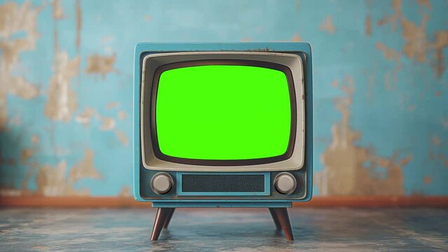 Retro television with a classic boxy frame and psychedelic screen pattern, set against a rustic blue wall.