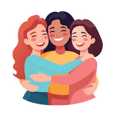 Happy girls hugging each other. Female friendship. Cuddle as a manifestation of feelings of love. Women embrace. Cartoon character illustration