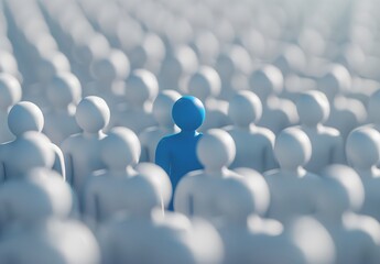 blue figure stands out among white figures, idea of being different and unique in a crowd of people, hiring best job employee or candidate