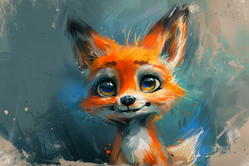 An illustration of a cute baby fox , captured in a charming childrens drawing style. The fox is depicted with fluffy fur and an endearing expression