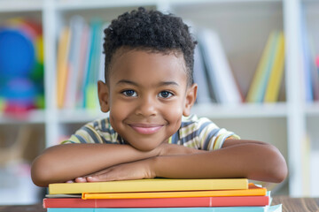 Back to school. Little boy sitting at table with a stacks of books, looking at camera. Library or classroom blurred background. Portrait of joyful child during education. Funny kid like to read book