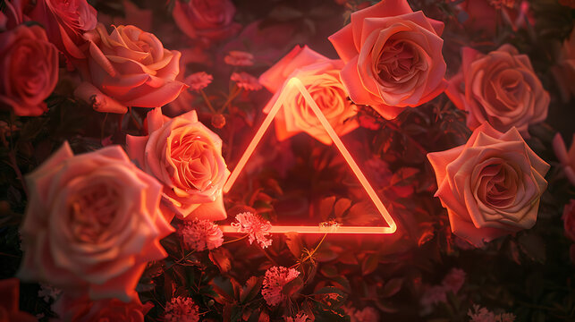 Neon triangle with rose background