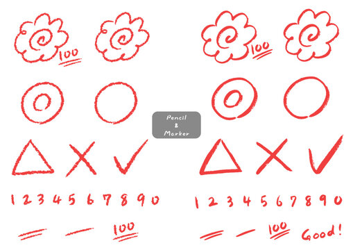 Pencil, marker hanamaru(a gold star)mark, simple hand-drawn icon set / 鉛筆、マーカーのはなまる(花丸)マーク、シンプルな手描きのアイコンセット