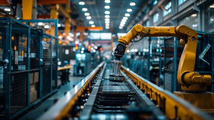Fototapeta premium A high-precision robotic arm engaging in automated tasks along a factory production line, emphasizing industrial automation.
