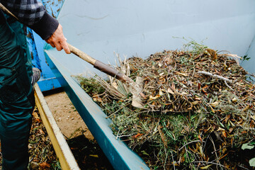 man throwing plant remains into a large container