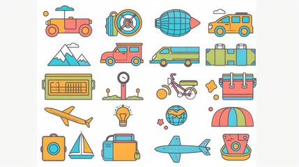 Colorful summer travel icons. plane, car, train, bag, backpack, camera, map on white background