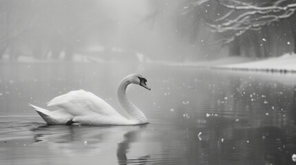 Elegant black and white swans gliding on the winter river in a stunning display of grace and beauty