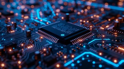 A macro view of a computer circuit board, with the blue lights enhancing its technological look 8K , high-resolution, ultra HD,up32K HD