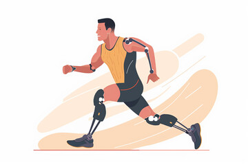 Paralympic athlete disabled athlete running with prosthetic legs, participating in competition.  Flat vector illustration.