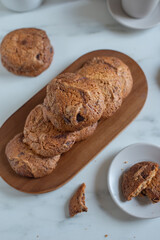 Stacked chocolate chip cookies close up