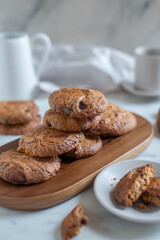 Stacked chocolate chip cookies close up
