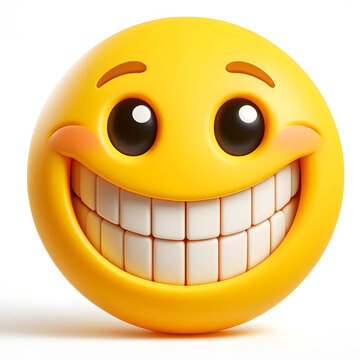Emoji Jaune 3d avec un Grand Sourire et dents blanches, isol&eacute; sur fond blanc