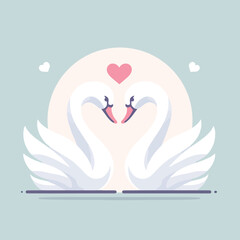 cartoon illustration of two romantic white swans with a heart shape symbol of love