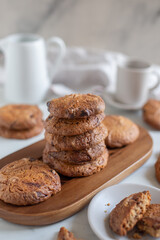 Stacked chocolate chip cookies close up