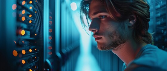 A young male IT specialist is shown configuring a server in a data center, focusing intently on the task at hand 8K , high-resolution, ultra HD,up32K HD
