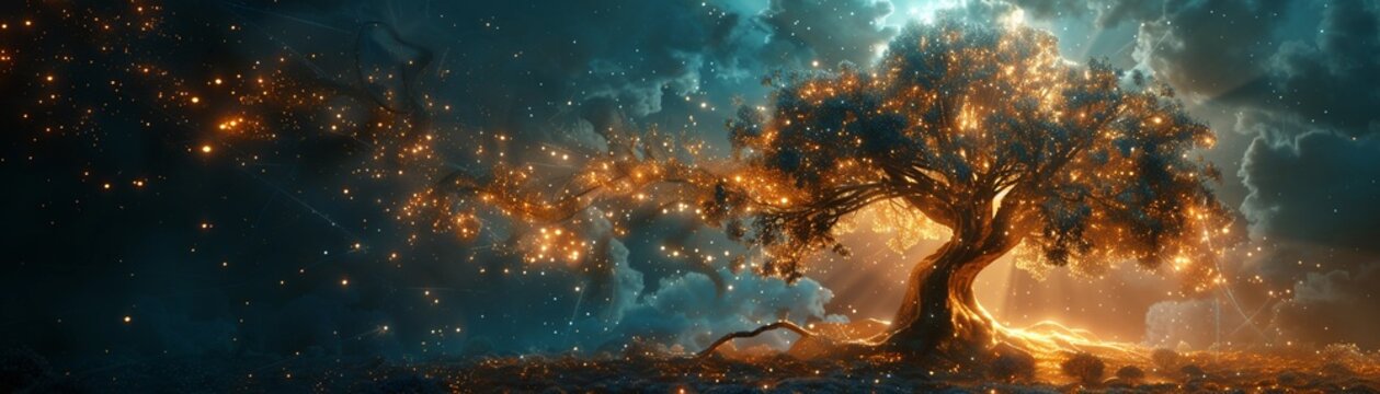 An artistic rendition of the tree of knowledge, its branches adorned with bright, glowing spheres, symbolizing the spread of knowledge 8K , high-resolution, ultra HD,up32K HD