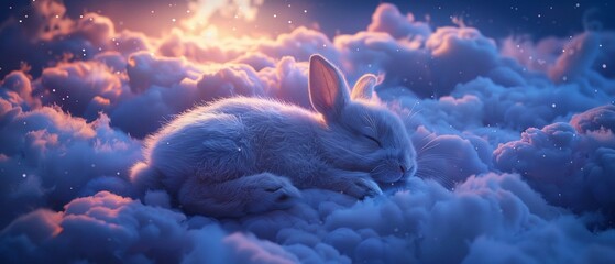 In the image, a cute bunny is shown sleeping on a soft cloud, with fluffy clouds and a starfilled sky surrounding it - obrazy, fototapety, plakaty